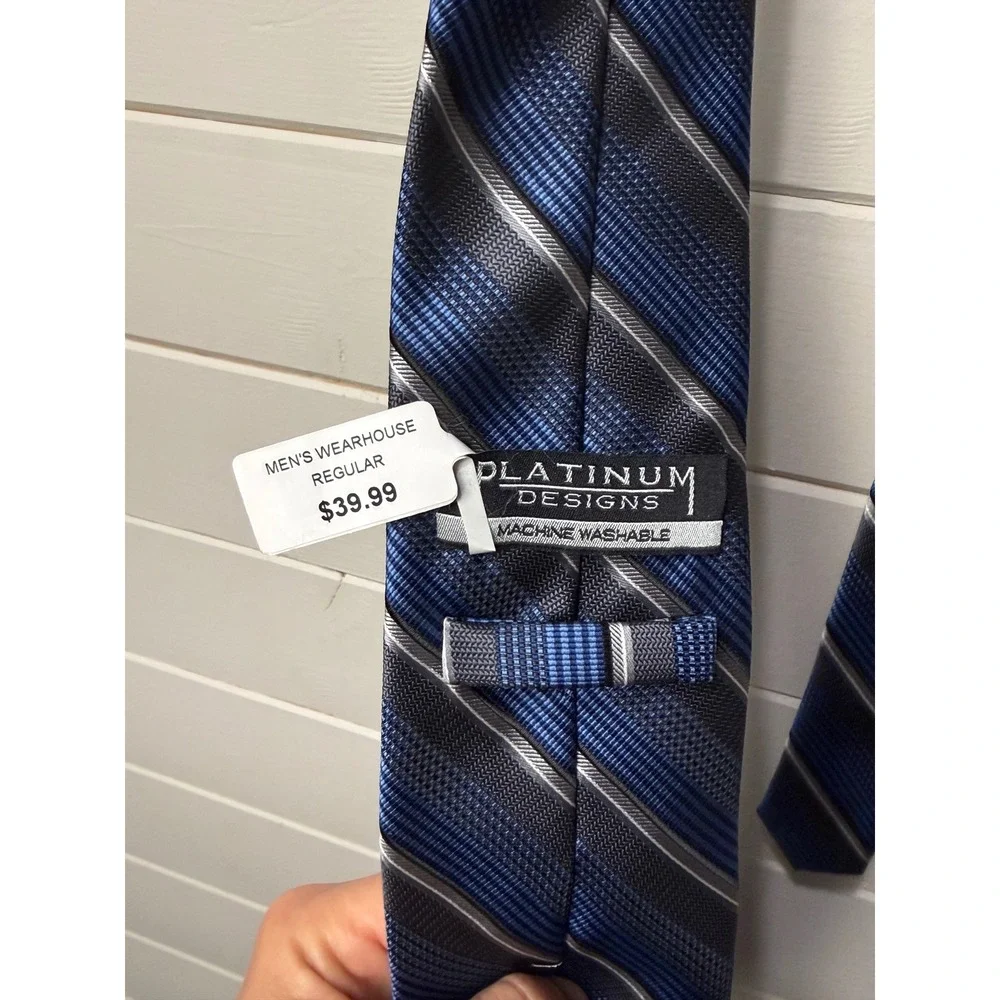 NWT! Platinum Designs Mens Blue Gray Stripe Silk‎ Blend Necktie  Washable Formal